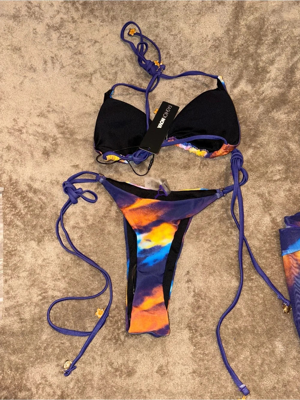 NWT Fashion Nova Purple, Orange & Blue Tie-Dye String Bikini 3pc Set